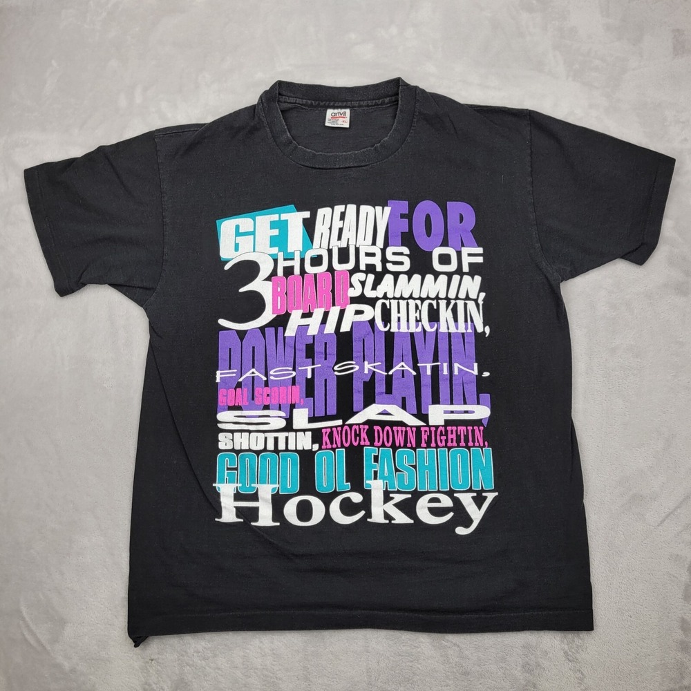 Vintage Hockey Shirt Mens XL Single‎ Stitch Y2K USA Made Puck Skate Power Play